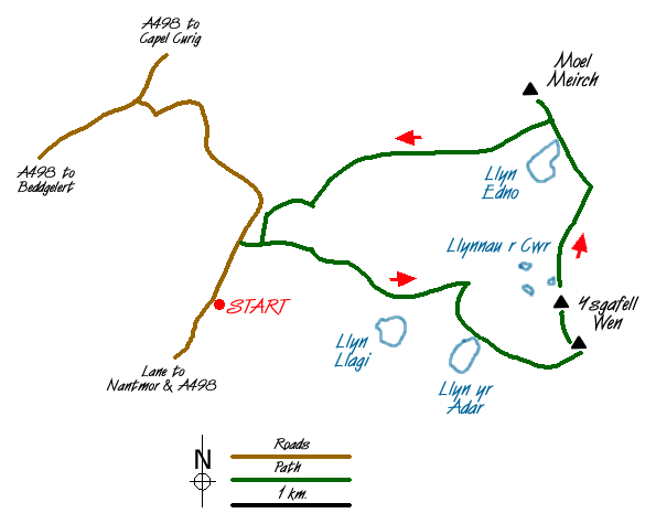 Route Map - Llyn yr Adar & Llyn Edno from near Bethania Walk