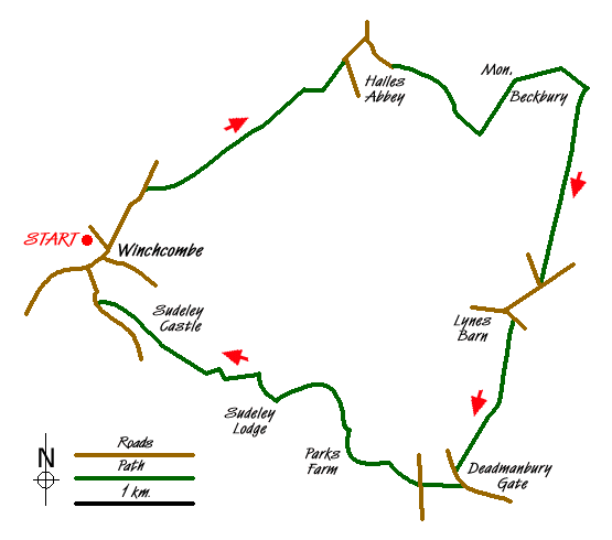 Route Map - Hailes, Beckbury & Sudeley from Winchcombe Walk