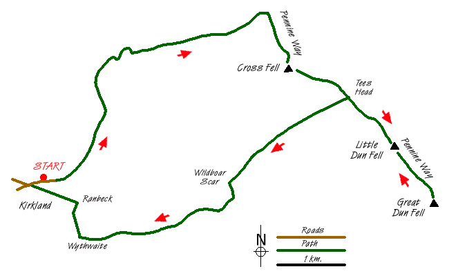 Route Map - Cross Fell & Great Dun Fell from Kirkland Walk