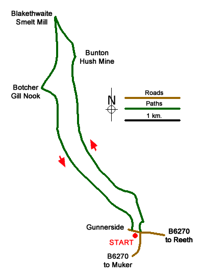 Route Map - Bunton Hush, Blakethwaite & Gunnerside Gill Walk
