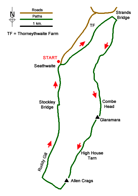Route Map - Glaramara & Allen Crags from Seathwaite Walk