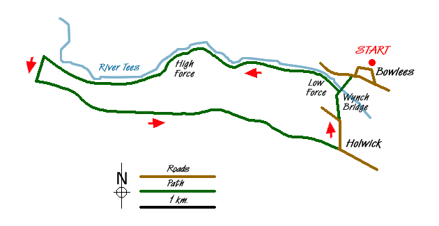 Route Map - High Force, Low Force and the River Tees Walk