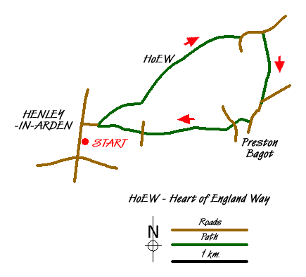 Route Map - Preston Bagot from Henley-in-Arden Walk