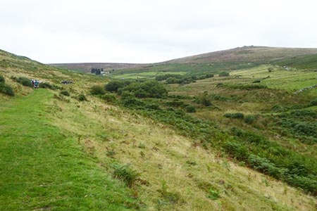 Looking up the valley to Headland Warren Farm