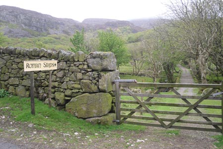 Sign indicating the Roman Steps near to Llyn Cwm Bychan