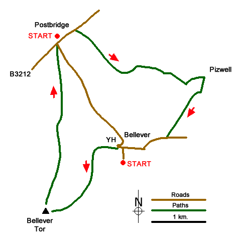Route Map - Bellever Tor & Postbridge Walk