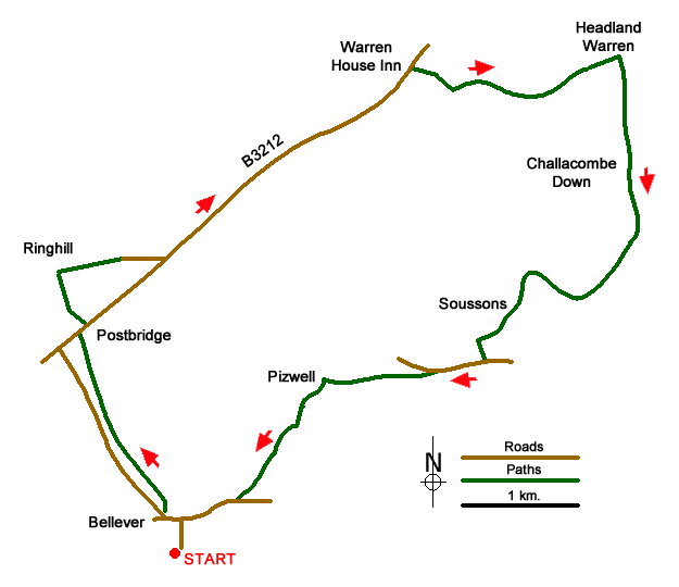 Route Map - Postbridge & Challacombe Down from Bellever Walk