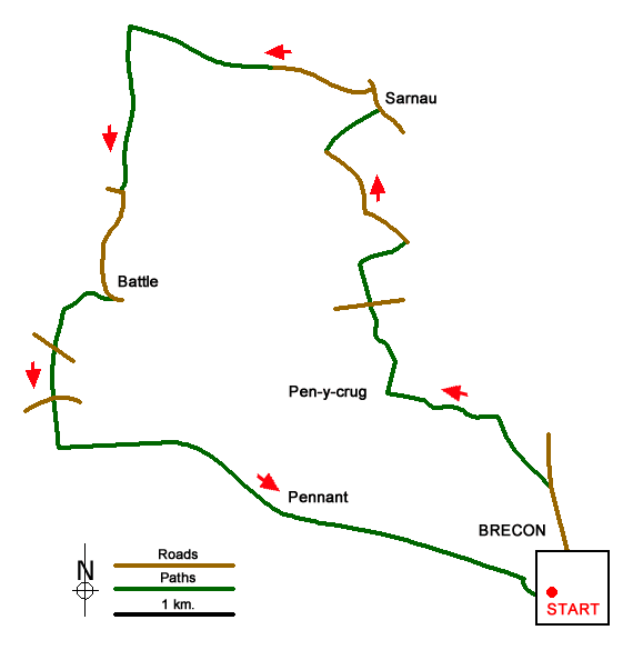 Route Map - Pen-y-crug, Sarnau and Battle from Brecon Walk