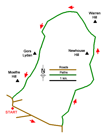 Route Map - Warren Hill, Gors Lydan & Moelfre Hill Walk