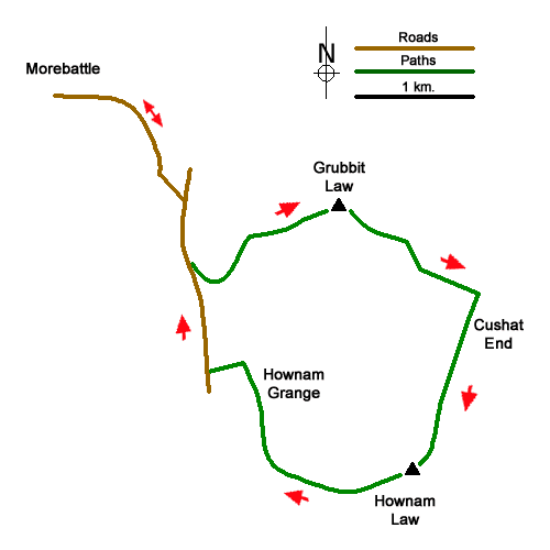 Route Map - Grubbit Law & Hownam Law from Morebattle Walk