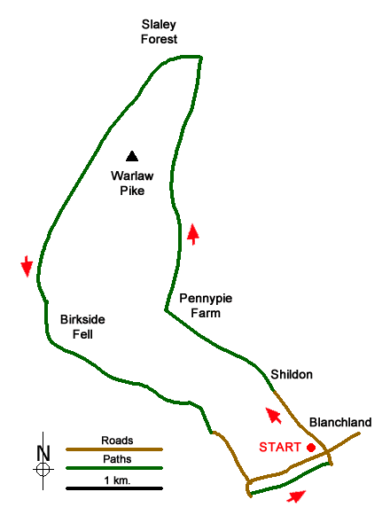 Route Map - Warlaw Pike & Birkside Fell from Blanchland Walk