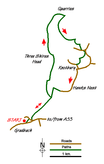 Route Map - Gradbach, Three Shires Head & Knotbury Walk