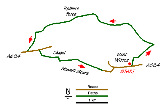 Route Map - Redmire Force & the Templar's Chapel from West Witton
 Walk
