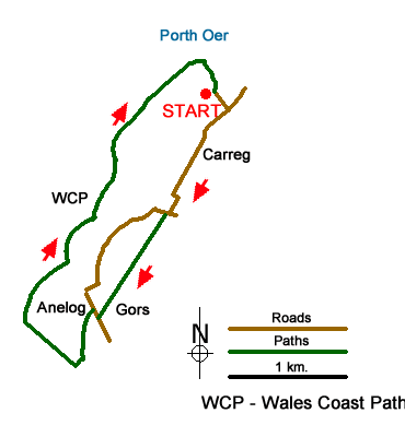 Route Map - Mynydd Anelog & the Whistling Sands 
 Walk