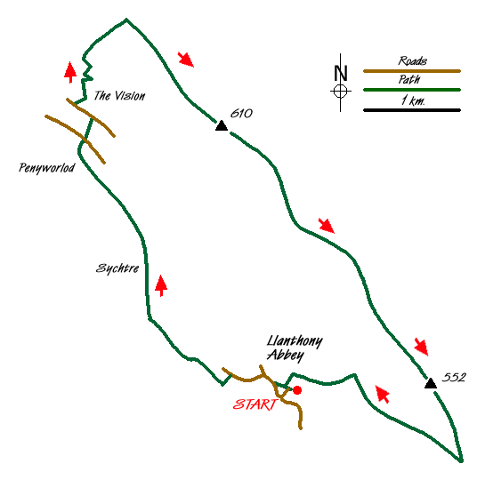 Route Map - The Hatterall Ridge from Llanthony Priory Walk