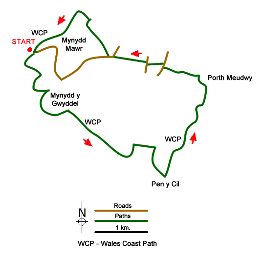 Route Map - Pen y Cil & Porth Meudwy from Mynydd Mawr Walk
