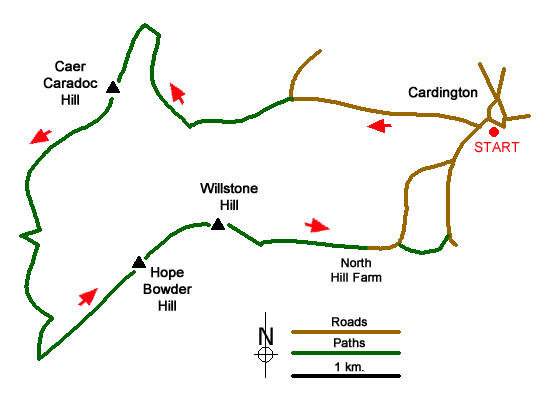 Route Map - Caer Caradoc, Hope Bowdler & Willstone Hills Walk