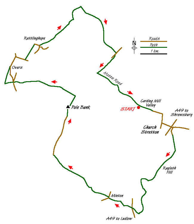 Route Map - Ragleth, the Long Mynd & Ratlinghope Walk