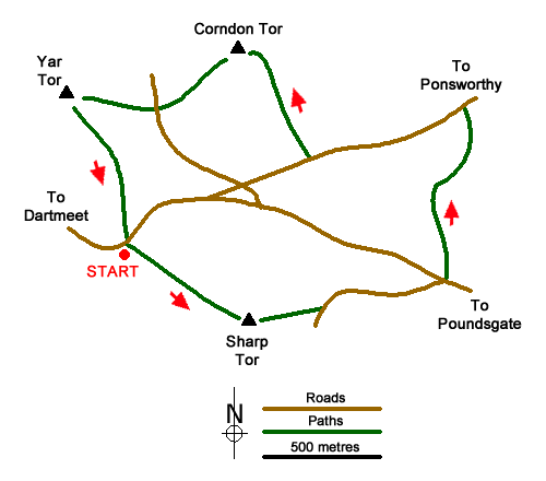 Route Map - Sharp Tor, Corndon Tor & Yar Tor Circular Walk