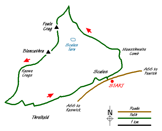 Route Map - Blencathra via Foule Crag from Scales Walk
