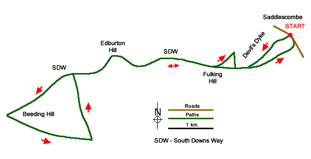 Route Map - Edburton Hill & Devil's Dyke from Saddlescombe Walk