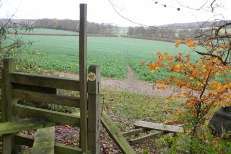 Wooden stile on the Chiltern Way approaching Hampden House