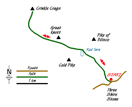 Route Map - The Crinkle Crags from Wrynose Pass Walk