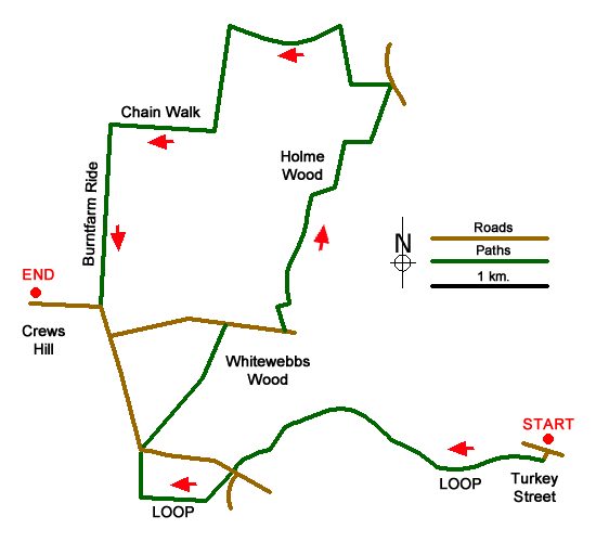 Route Map - Turkey Street to Crews Hill (London Borough of Enfield) Walk