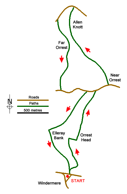 Route Map - Orrest Head & Allen Knott from Windermere Walk