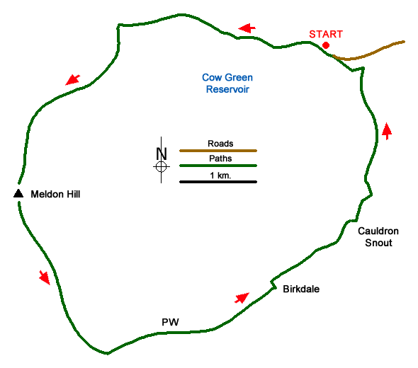 Route Map - Meldon Hill from Cow Green Reservoir Walk