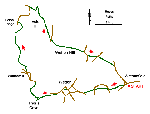 Route Map - Manifold Valley, Thor's Cave, Ecton & Wetton Hills from Alstonefield 
 Walk