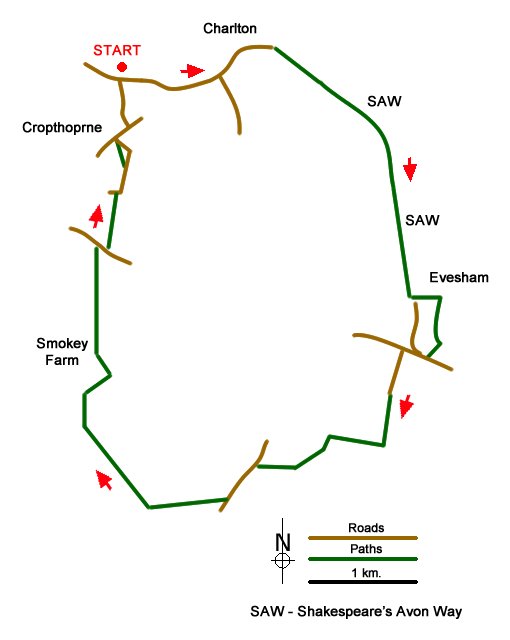 Route Map - Evesham & Haselor Hill from Cropthorne Walk
