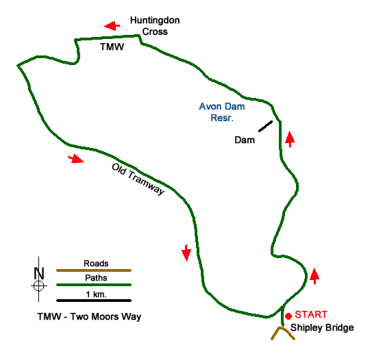 Route Map - Avon Dam & Redlake Tramway from Shipley Bridge Walk