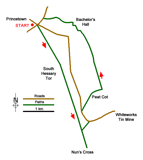 Route Map - Nun's Cross & Peat Cot from Princetown Walk