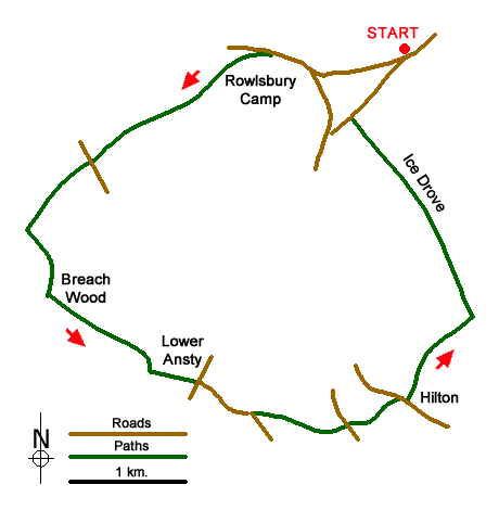 Route Map - Rawlsbury Camp, Lower Ansty, Hilton & Bulbarrow Walk