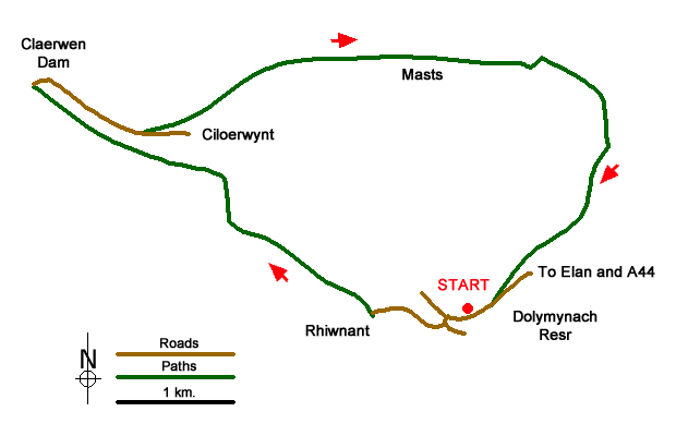 Route Map - Claerwen Valley & Dam from Dolymynach Reservoir Walk