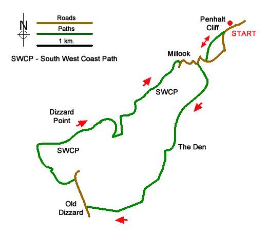 Route Map - Dizzard Point, Millook from Penhalt Cliff Walk
