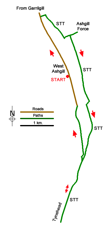 Route Map - Tynehead and Ashgill Force from near Garrigill Walk
